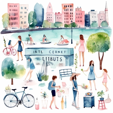 Hand-painted watercolor clipart set on white background featuring the liveliness of an urban summer day. This set portrays the urban scene in full swing, with city skylines, busy markets, street performers, and people enjoying picnics in the park. The color palette combines bold and subtle hues of blues, pinks, and greens, capturing the essence of a vibrant urban summer. Painted with expressive brushstrokes, inviting you to experience the energy and diversity of the city by David Johnson.