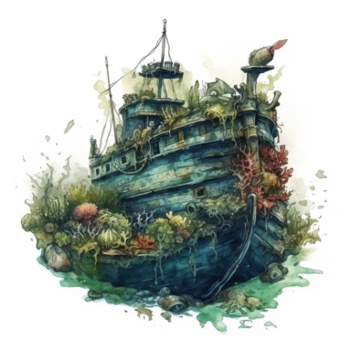 Horror style overrealistic mystical submerged pirate ship covered mosses and seashells bottom of the sea with watercolor effect, dark blue water, dark green mosses, deep water, sea plants, coral and mussel, , random fishes, undersea details, suitable for digital clipart, white background