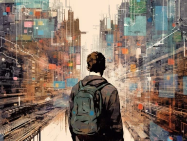 Mixed media collage featuring a programmer standing amidst a busy CBD, holding a laptop in one hand. The scene incorporates elements of both technology and urban life, with circuitry and code snippets intertwining with skyscrapers and city streets. Aesthetic details include a blend of digital and analog elements, such as pixelated textures and collaged newspaper clippings. Colors: Cool blues, warm oranges, and monochromatic tones.