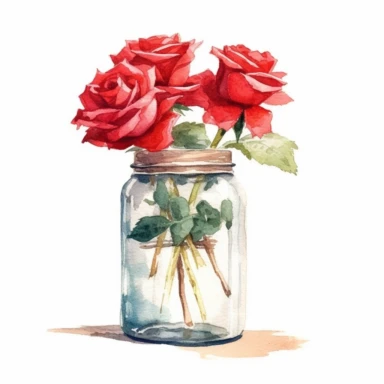 red roses, in mason jar, detailed, clip art, aquarelle, no text, white background
