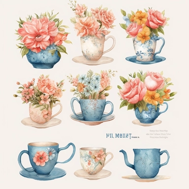 Create a delightful collection of ultra-detailed watercolor clipart, featuring charming mugs adorned with beautiful floral designs. The clipart should showcase a variety of mugs, each meticulously painted to capture the textures and details of ceramic or porcelain. Incorporate intricate floral elements, including roses, peonies, and other delicate blooms, adorning the mugs with elegance and grace. Design the clipart with a focus on wedding themes, allowing for seamless integration into wedding i