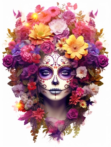 3d sugar skull girl with florals, in the style of fantasy art, 32k uhd, dark magenta and gold, luminous atmosphere, fantastical street, luminous,sticker art, clipart png, photorealistic, watercolor, digital painting, WHITE BACKGROUND, fantasy style, realistic, painting, 8k, ultra details,