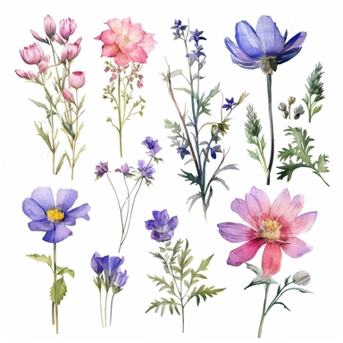 Watercolor style, Boho Birth Month Flowers, variations, hyper realistic detailed clipart, on a white background