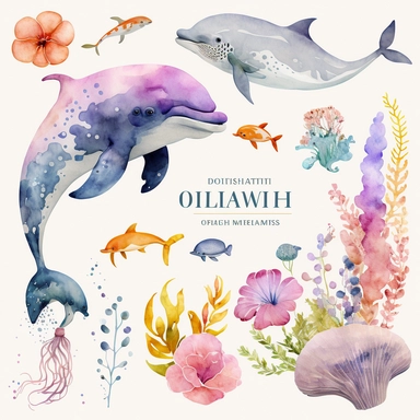 Watercolor, Sea, Animal, Marine, Ocean, watercolor exotic fish, jellyfish, starfish, dolphin, watercolor clipart, flowers, watercolor clipart, baby shower, transparent background, png, high detail, 8k - d, 32k