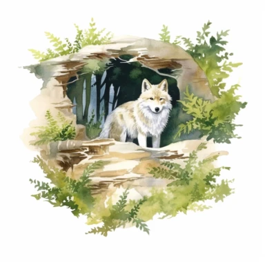 watercolor, white background, no text, clipart of a wolf's den nestled within a serene natural landscape. The den is situated in a secluded area, surrounded by towering trees and lush vegetation. The setting exudes a sense of wilderness and tranquility. The den itself is intricately illustrated, showcasing its natural structure. It is depicted as a spacious underground burrow, partially hidden by earth and rocks. The entrance to the den is visible, revealing a dark opening that leads into the de