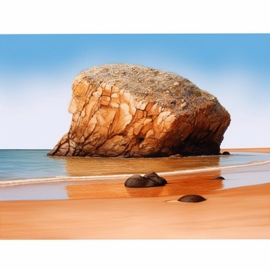 Detailed Watercolor of a beach of orange sand with a large rock covered in water, in the style of suffolk coast views, clipart, sticker art, flat 2d, 8k, high definition, white background