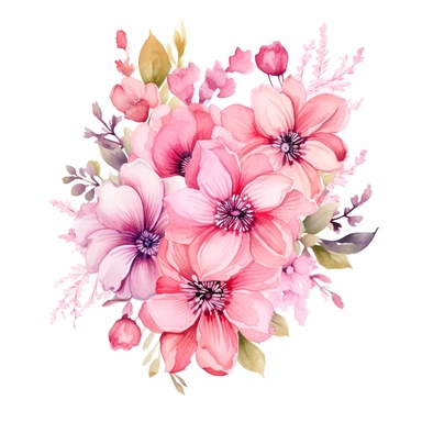Graceful watercolor clipart showcasing a cluster of pink flowers, viewed from a bird's-eye perspective, arranged in a cascading pattern, clipart on a white background.