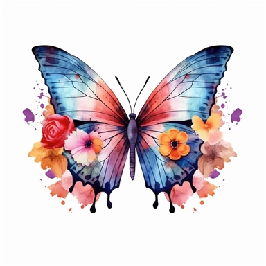 Beautiful colorful butterfly on flowers, summer vibes, hand drawing digital art, clean design, clean art, sublimation, colorful, watercolor style, white background, 4K, extremely detailed, clipart