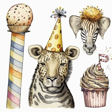 3 clipart set, with lion wearing birthday hat, zebra eating birthday cake, giraffe holding present, white background, illustration, drawing, doodle, aquarelle