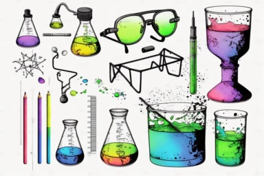 simpel set of laboratory stuff clipart, labor glasses, molecular, watercolor style, black outlines, strong colors, for childrenbook, white background, 16k,