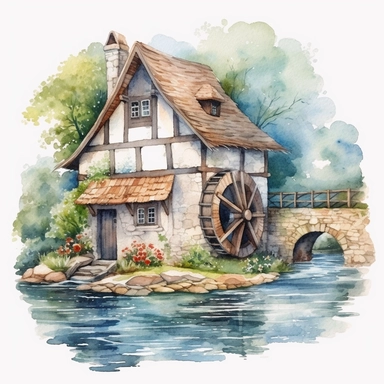 An enchanting watercolor clipart illustration of a picturesque medieval cottage perched near a meandering river, embraced by a tranquil countryside. The cottage boasts weathered stone walls, a thatched roof adorned with climbing vines, and a meticulously crafted waterwheel gracefully spinning by the riverside. The calming river reflects the surrounding nature, with delicate ripples and vibrant aquatic life. Against a clean white background, the watercolor medium enhances the cottage's rustic cha