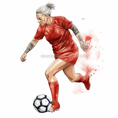 Watercolour of a female footballer , Clipart,Cartoon,hyper realistic, intricate detail isolated on a white background, high quality, sublimation, detailed, cartoon style