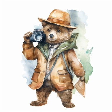 Create an adventurous watercolor clipart image with a white background, portraying a brave bear detective with a detective hat and binoculars, embarking on a thrilling journey to uncover the truth.