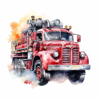Retro Fire truck In Smoke Clipart watercolor,Cartoon,hyper realistic, intricate detail, illustration style,high solution,on the white background