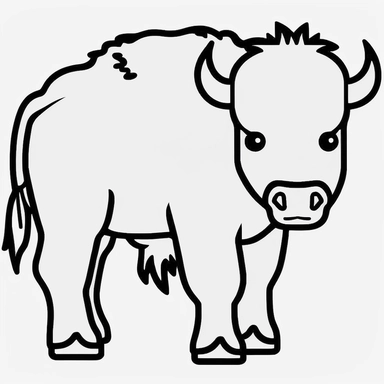 Simple outline of a Bison, kids cartoon, minimalist, black on white, lineart, 2d flat file, silhouette, clipart, uninterrupted outline as in an svg, perfect outline corners, make it an outline svg and fill color white, exact outline, the line should not be thickened, the line should not be thicker or thinner, the outline of the line should be thin, maximum 1 millimetre.