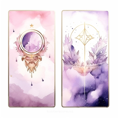Tarot Cards, in the style of watercolor illustrations, pink and gold, soft lilac, magical and mystical, galaxy elements, modern minimal watercolor, on white background, clipart
