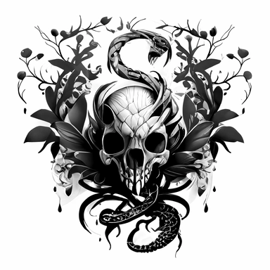 a picture of a snake with a head and tail, black and white symbol transparent background png clipart, in the style of skull motifs, gothic horror, marvel comics, twisted branches, feminine sticker art, rtx on, baroque-influenced. Logo, white background, 2D, Vector, Simple.