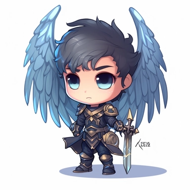 zeeb labs art style boy, angel knight, tiny chibi body with blue lighting armor, crown, wings, bow & arrows, smerk, super long cape, clipart, sticker, no background, hd