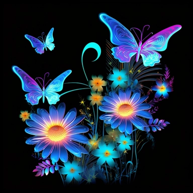 neon electric daisies with music notes fractals and butterflies, 3d clipart, transparent background