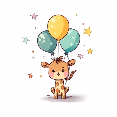 Kawaii cute baby giraffe minimal cartoon drawing standing up holding onto 5 balloons. Clipart, simple, on white background with a few stars