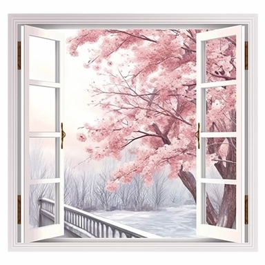 A cozy attic window overlooking a beautiful cherry blossom tree clipart, white background, watercolor drawing