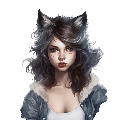 beautiful stunning pretty vintage werewolf female character, paint art style, clipart, white background, superrealistic, one of a kind