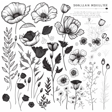 line floral clip art, black line, poppy sunset pencil floral sketches, buttons and leaves, collection of handrawn floral elements, white background, Hand drawn line leaves branches and flowers, monochrome, inck draw