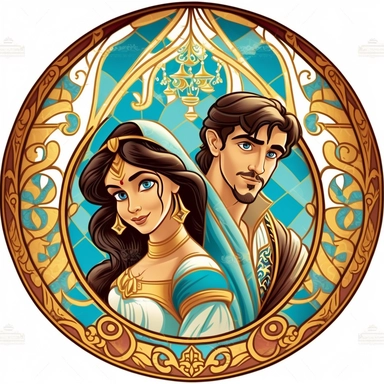 fairy tale, young prince aladdin and princess jasmine, png clipart, in the style of animated film pioneer, arabesque, arabesque/scroll, orient-inspired