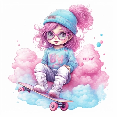 cotton candy hiphop baby girl with skateboard sublimation clipart, hd, intricate detail, illustration style, high solution, on the white background