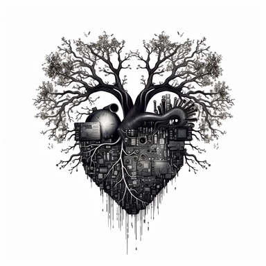 technological heart, filled with a tree, clipart, svg, black lines on white backround