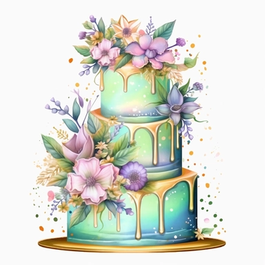 Make Galaxy Cake Clipart, fantasy rainbow pastel and gold foil floral theme, greenish color
