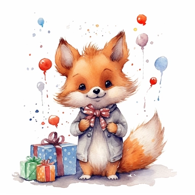 cute little fox celebrating a birthday, watercolor, clipart elements, kawaii, white background, dustin nguyen