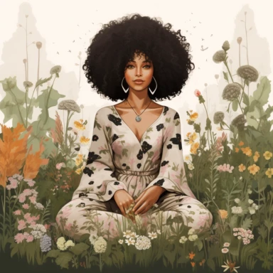 llustration of black woman, with an afro, boho modern aesthetic, cottagecore, avacadopunk, surrounded by florals, sitting in a meadow, flawless line work, low detail, clipart, white background