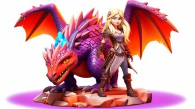 two shot of full body human blonde female viking humanoid in full gear petting her Cute Beautiful 3d baby red fire dragon quadruped Is Standing Full body Vector Sublimation Clipart, Cartoon, disney infinity style, hyper realistic, in-game model, intricate detail, illustration style, high solution, on the white background surrounded by purple crystal gems