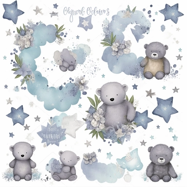clipart collection on white background featuring clouds, stars, wreath made of stars and bears in blues and greys in this style and color