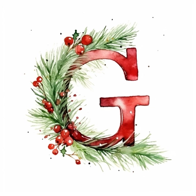 basic watercolor letter G decorated in a christmas theme in minimal hand drawn style, Etsy, textured, clipart, white background
