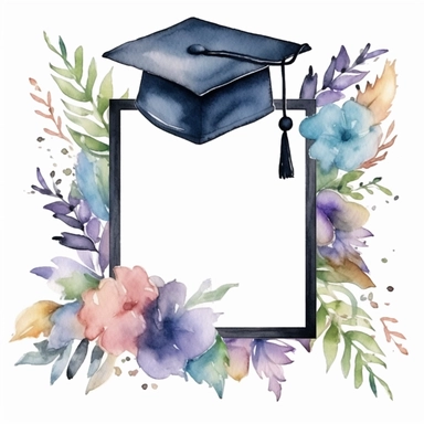 frame with graduation caps and flowers, watercolor style, clipart