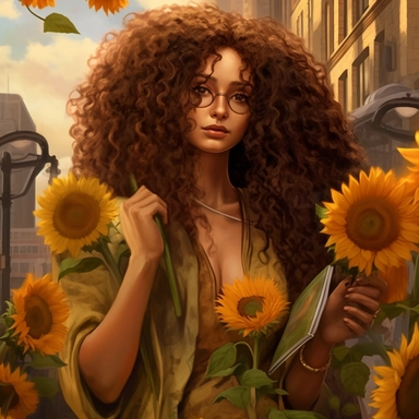 6 of wands tarot card, woman holding 6 sunflowers, liberty scale , year 2035, beautiful curly hair, busy street , realistic, fantasy clip art