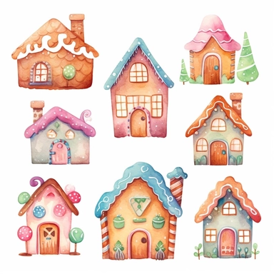 very simple watercolour childrens book style drawing of different cute gingerbread houses, pastel colours soft on white background for clipart, 8k