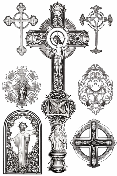 clip art, design sheet of 4 religious catholic symbols designs chalice, cross,bible altar