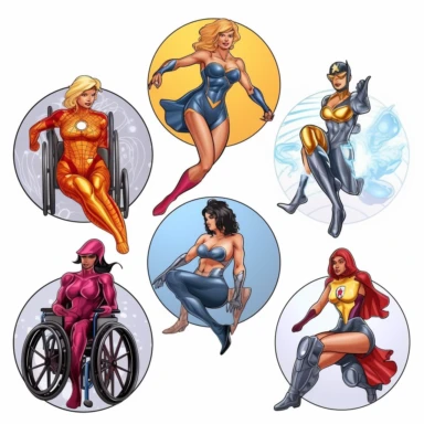 6 clipart elements, series of very hyperdetailed colorful stickers, beautiful superhero women with disabilities using aids, marvel style, superheros, each sticker with a clear white outline between each element, light grey background, realistic