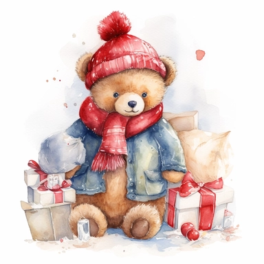 Watercolor, cute Christmas Teddy Bear, with a red hat, coat and sack of gifts, PNG, winter, nursery, cartoon, highly detailed, watercolor, very high details, white background, clipart style