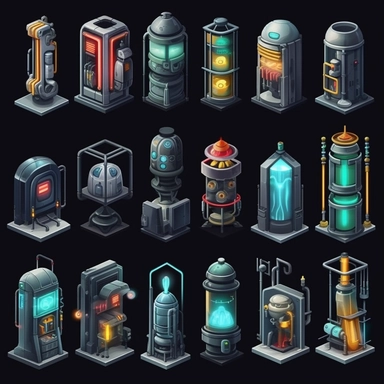 isometric, spritesheet, game assets, futuristic elevator sprites, isometric perspective, game sprite, sci-fi, cute, fun, creative, cartoon, clipart, hyper-detailed, black background