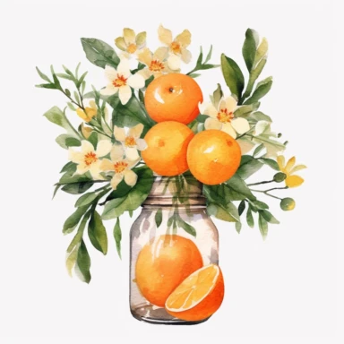 Create a watercolor oranges clipart with glass nd bouquets