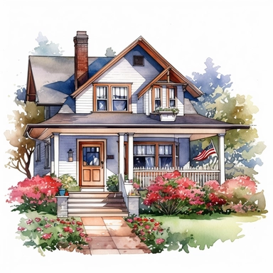 watercolor, craftsman house with front porch and a front-yard full of blooming flowers, lush grass lawn, beautiful illustration, good composition, clipart, contour, isolated white background, unreal engine
