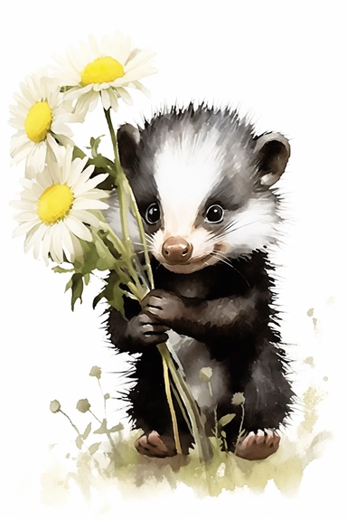 Detailed watercolor illustration of cute happy baby skunk with a daisy, clipart, plain isolated white background, 8k ultra detail high sharpness