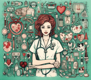 nurse clip art, medical nurse, in the style of detailed medical equipment background elements, light emerald and crimson, humor meets heart , withe backround