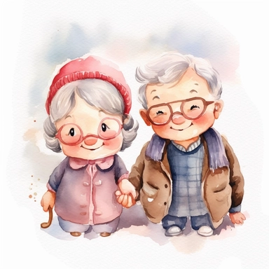 cute adorable happy grandparents, clear white background, handrawn watercolor graphic clipart, cute Children's Drawing, isolated