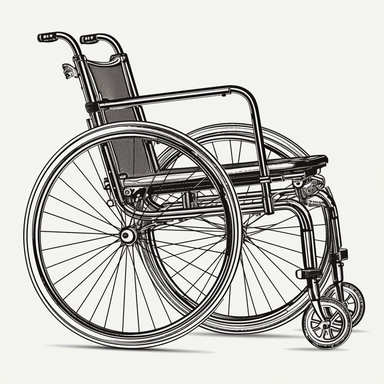 This black and white clipart features a simple yet detailed image of a wheelchair. The wheelchair is shown from a side view, with the frame, wheels, and footrests all visible. The lines used in the image are clean and precise, giving it a professional and polished look. This clipart is perfect for use in informational materials or educational resources about mobility and accessibility.