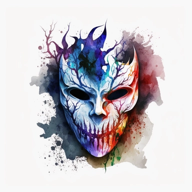 scary halloween mask watercolour tempera clipart illustration, vivid dark colours, clean, crisp, smooth, white background